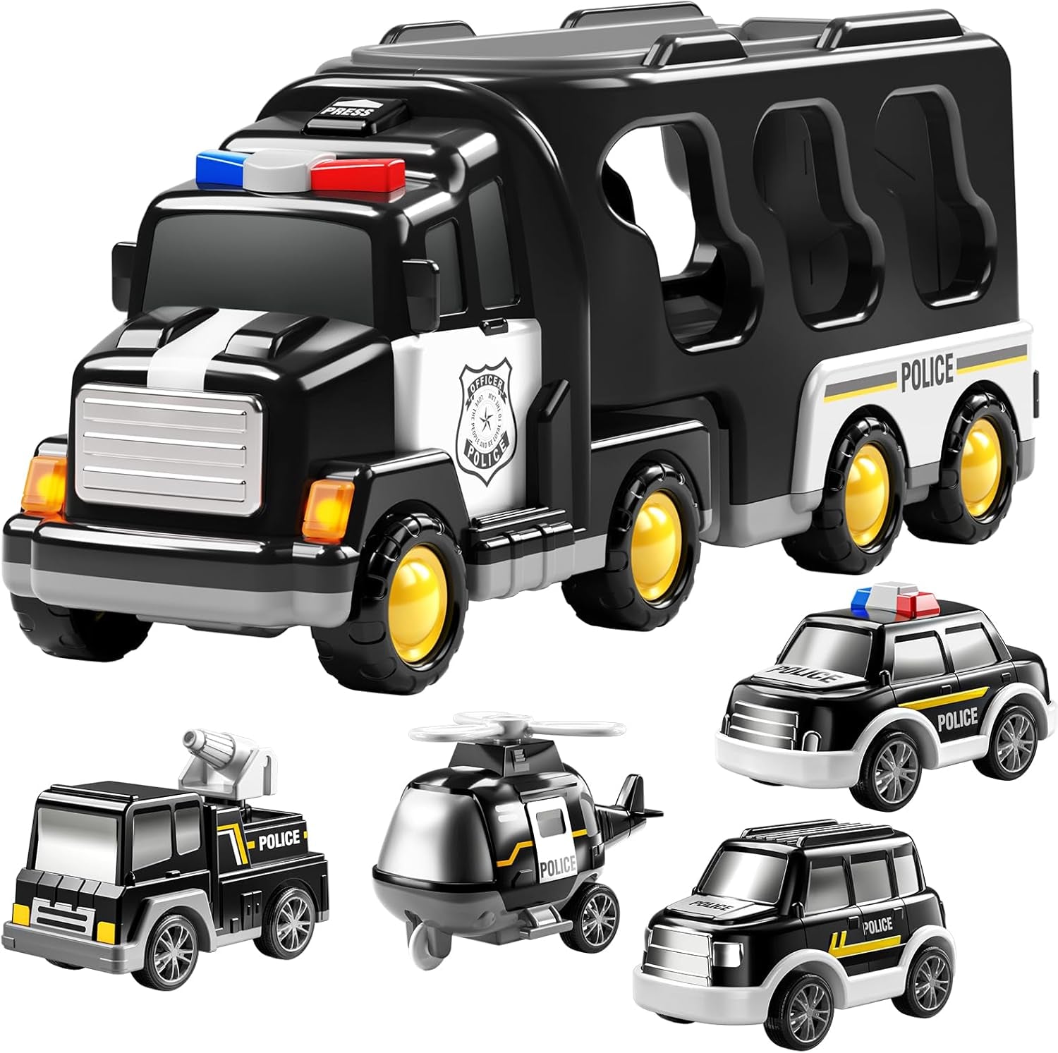 5 Pack Ambulance Vehicle Toddler Truck Toys for 3 4 5 6 Year Old Boys, Friction Powered Cars with Toy Helicopter, Police Car, Fire Truck, Ambulance Car, Birthday Gifts for Girls Age 3-9